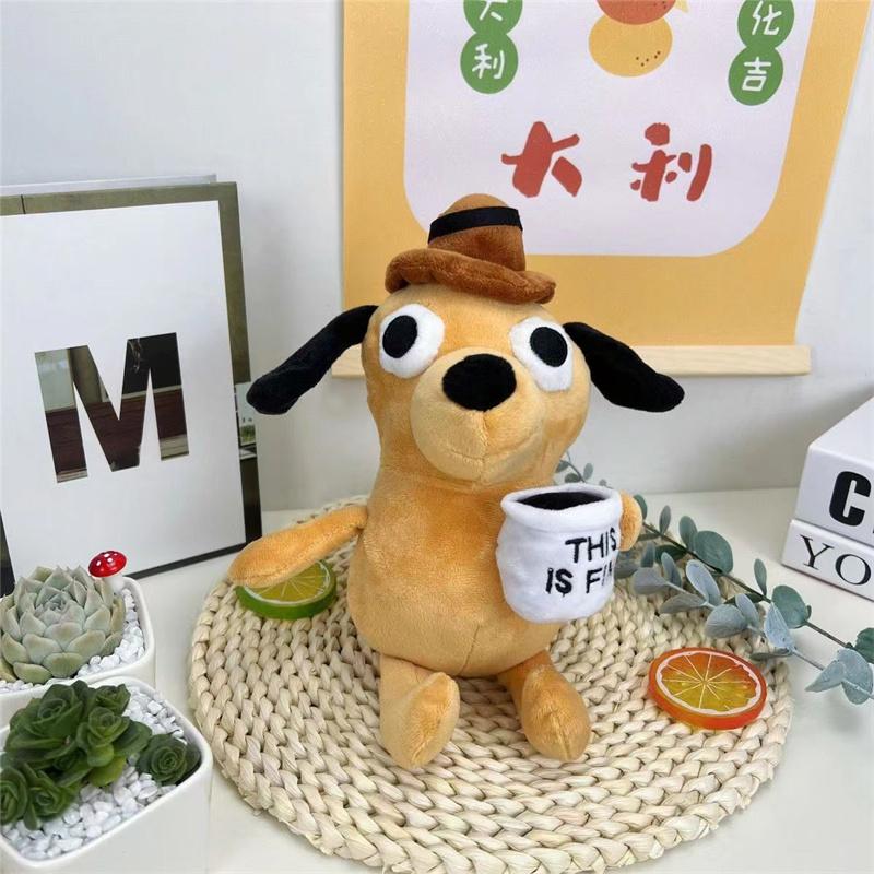 This Is Fine Meme Animal Coffee Dog Plush Toy Soft Stuffed Doll Kids Toy Gift for Children Boy Birthday