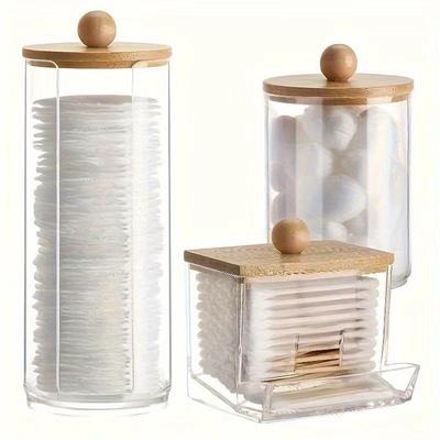 Bambusdeckel Wattestäbchen- & Wattebausch-Aufbewahrungsglas: Transparent, Tragbar, Stapelbar, Acryl Staubdichtes Box-Set