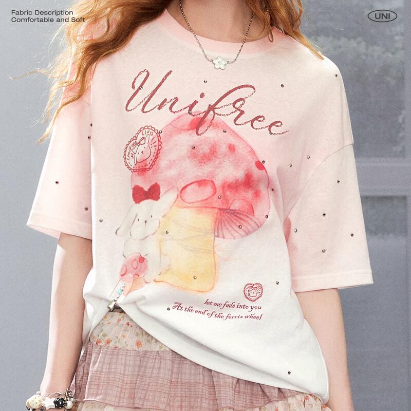 UNIFREE 2026 Summer Tie-Dye Mushroom Print Loose T-Shirt