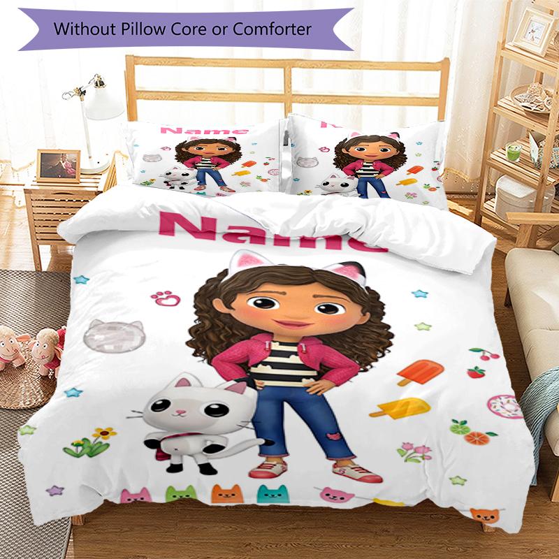 3pcs Custom Name Gabby's Dollhouse Bedding Set Duvet Cover Closure Includes 1 Duvet Cover & 2 Pillowcases, Soft and Comfortable for All Seasons.