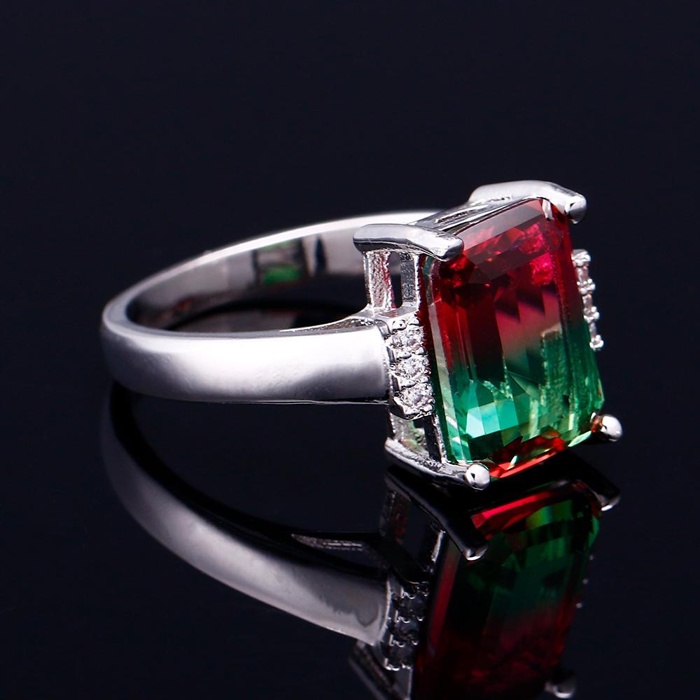 FCGJHW Multicolor Large Rectangular 10*14MM Tourmaline Craft Zircon Ring Female Engagement Wedding Party Jewelry Anniversary