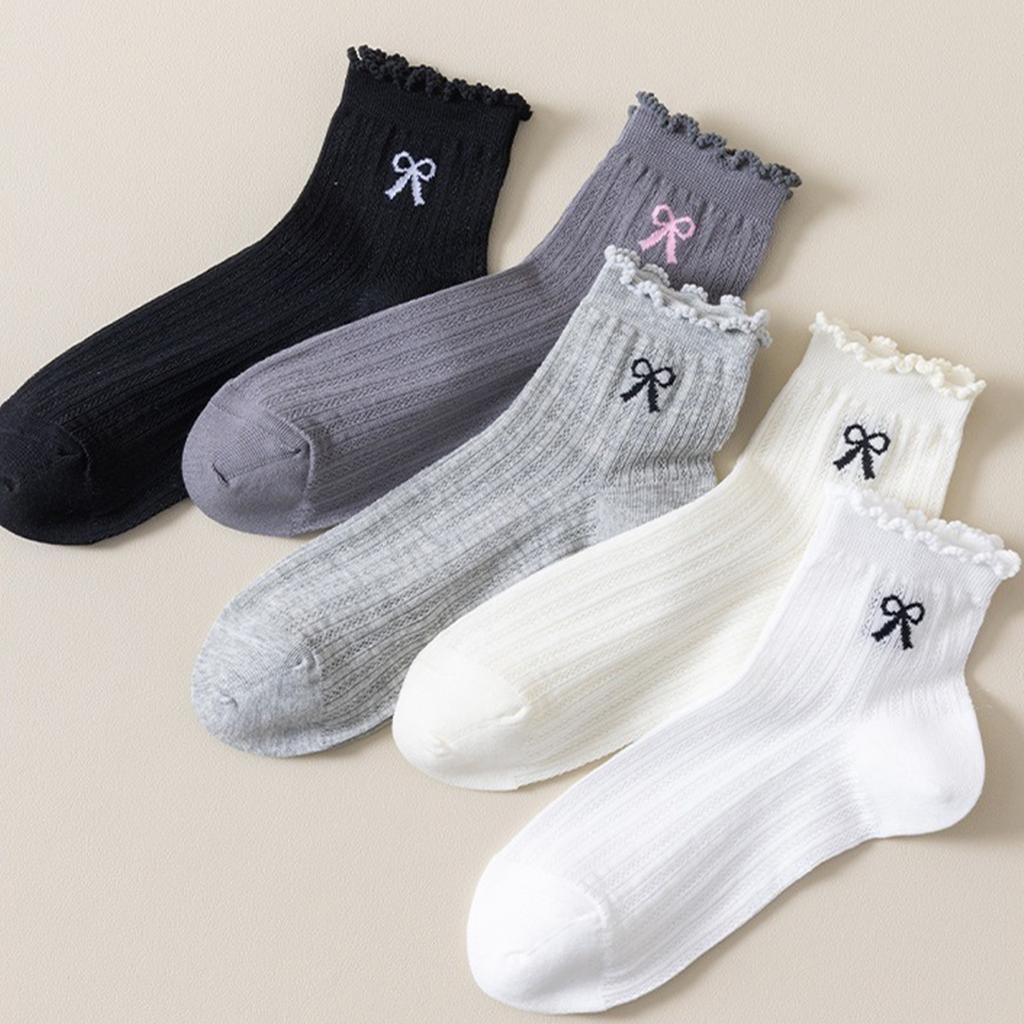 Women’s Lightweight Mesh Ankle Socks Breathable Lace Trim Crew Socks with Bow Embroidery and Hollow Out Design for Everyday Wear