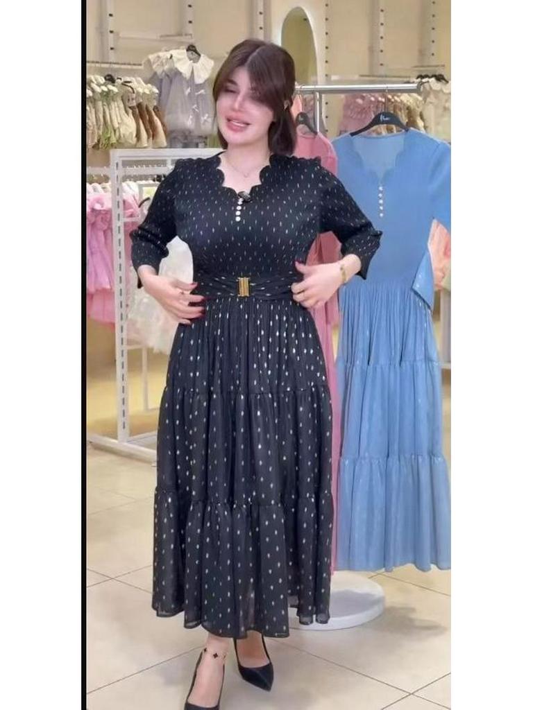2025 European and American Plus-Size French Print Waist-Cinching Slim Long Dress