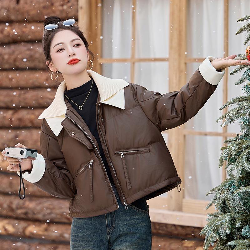 Women's short down cotton-padded jacket knitted lapel cotton-padded jacket versatile bread jacket small jacket