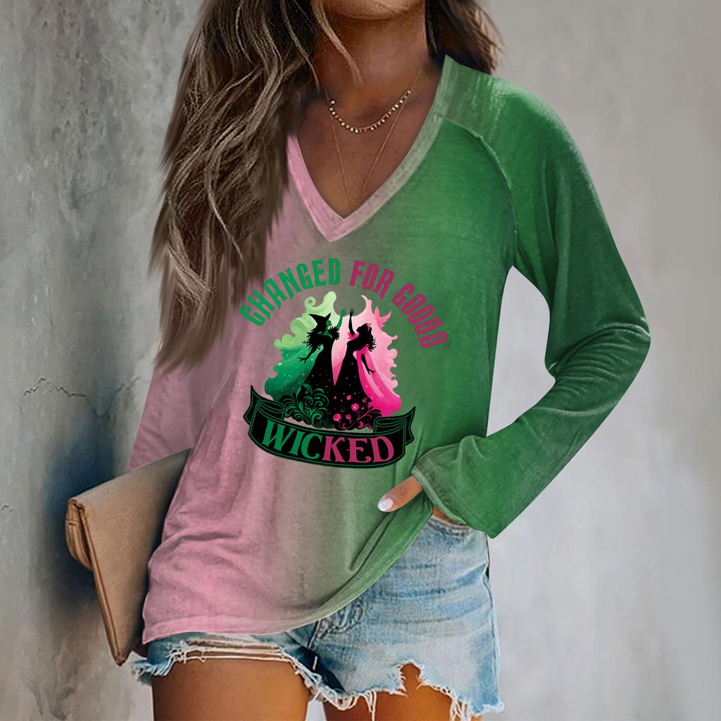 Women's Long Sleeve Plunger Sleeve  Witch Printed Casual Top T-Shirt