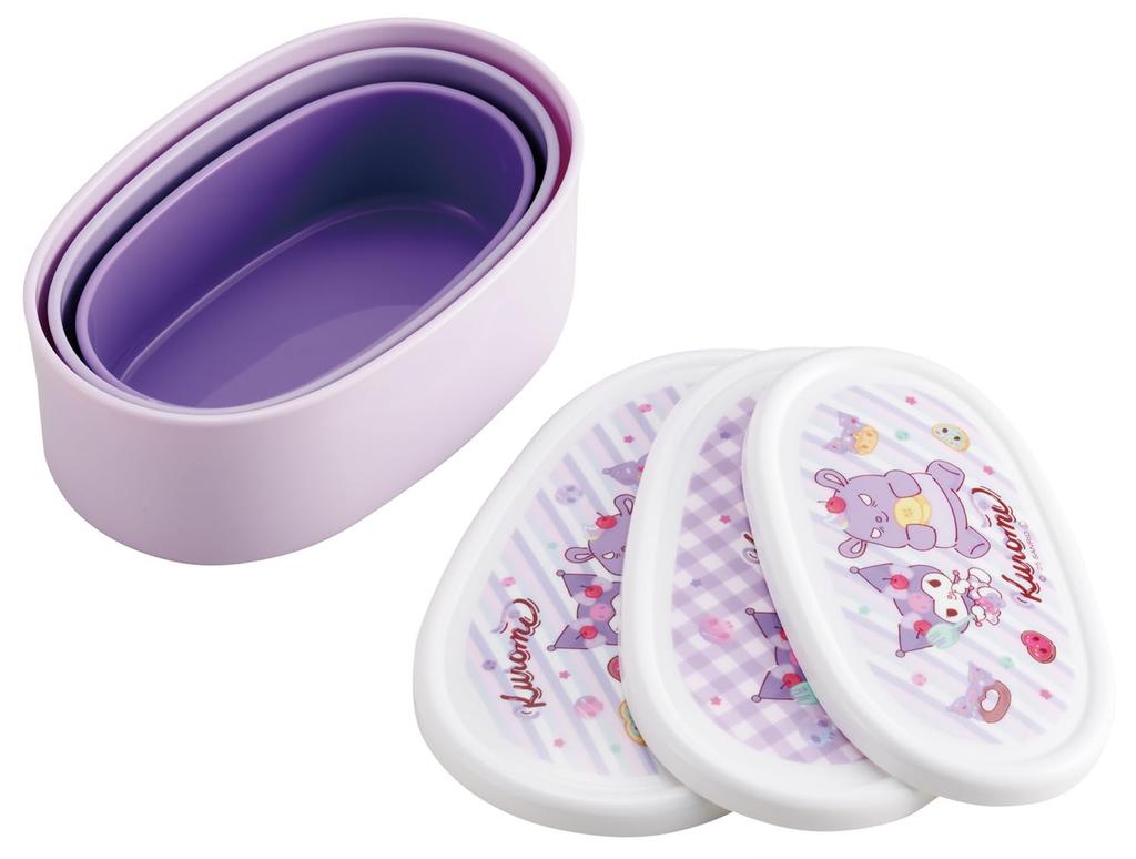 Skater Bento Sealable and Storage Containers of Made in Sanrio Kuromi Fancy Snacks Sweets Design for Girls Boxes, Containers, (Set 3) Japan, &