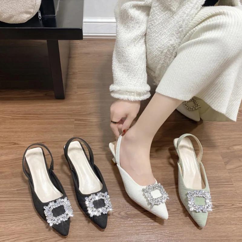 Women High Heel Sandals Summer New Fashion Pointed Toe Rhinestone Formal Back Empty Comfortable Ladies Party Luxury Mule Shoes