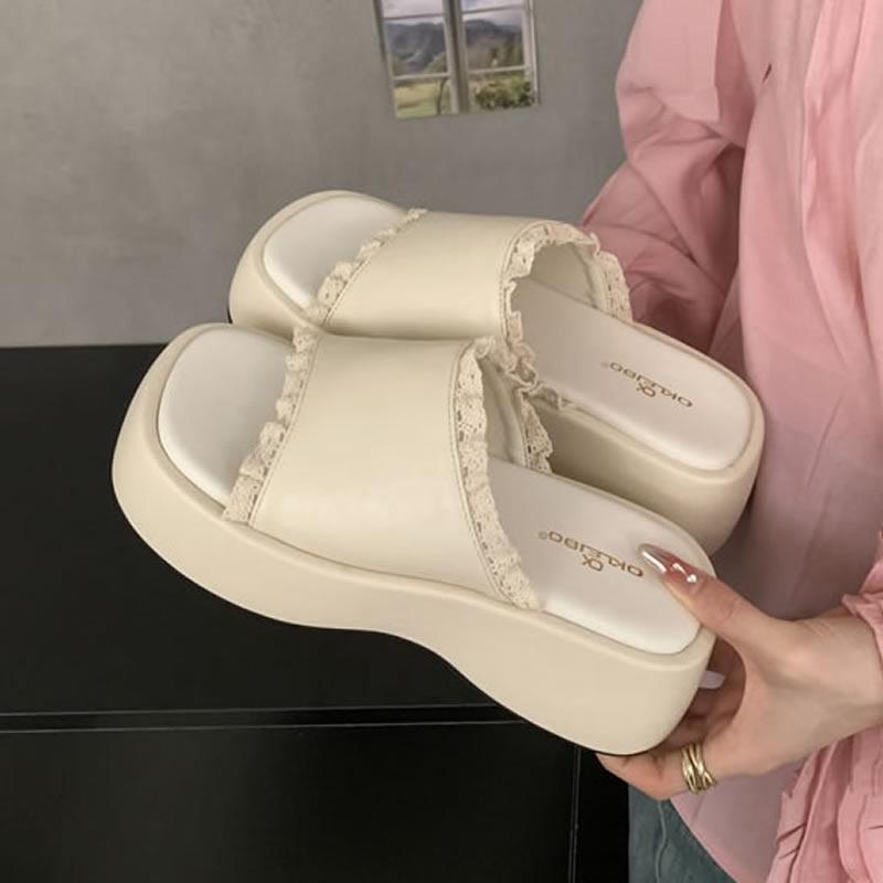 French Thick Heel Women's Open-Toe Summer Outdoor Lace Trim Sweet Slippers Rubber Sole Microfiber Material Ladies Slippers