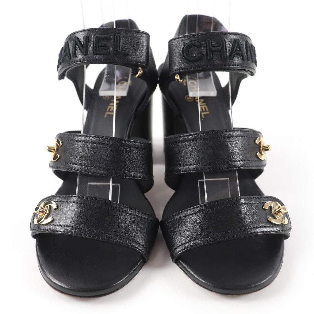 Great CHANEL Sandals COCO Mark Turnlock Sandals In Leather Black 35.5 G37387 Used