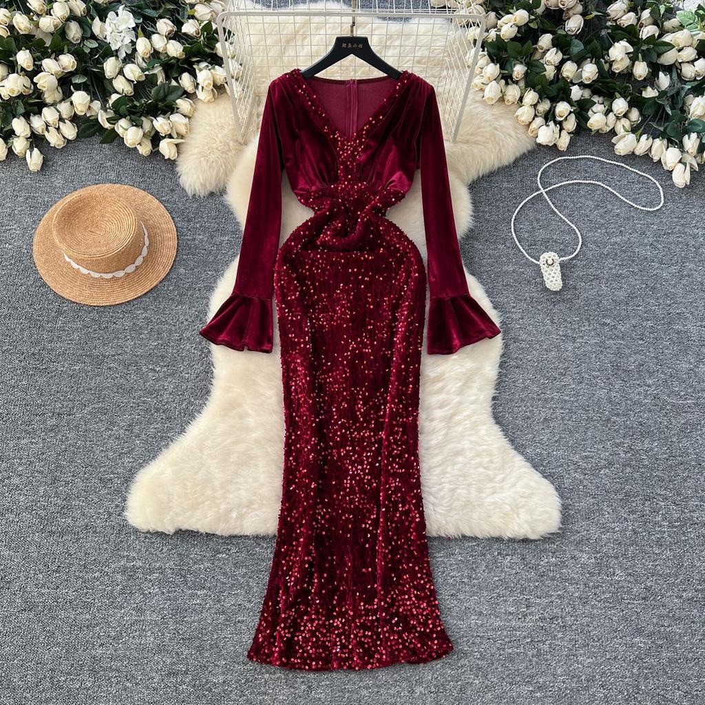 Vestidos de fiesta de noche para mujer de alta gama de celebridades sexys con escote en V de terciopelo con mangas acampanadas y empalme de lentejuelas y brillo