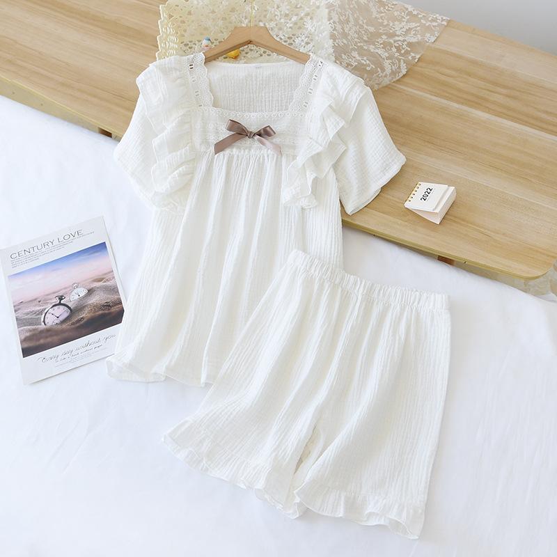 

Летний новый женский пижамный комплект с короткими рукавами и шортами из 100% хлопкового крепа, однотонный, свежий домашний комплект из двух предметов XL белый