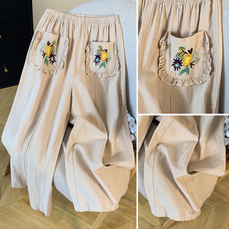 Japanese Mori Girl Embroidered Cotton Linen Wide-Leg Crop Pants - Summer Casual Wear for Women