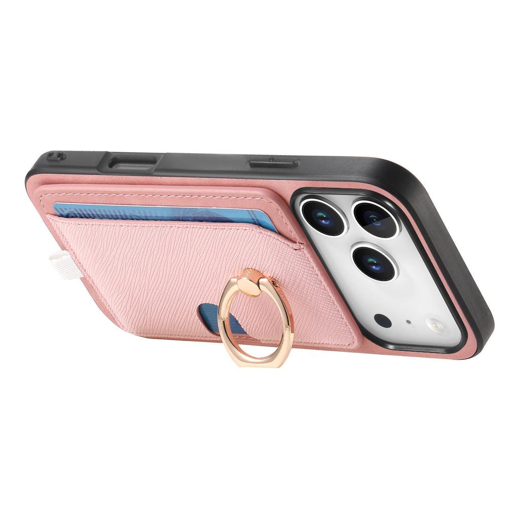 For iPhone 17 Pro Case Ring Kickstand Leather+TPU+PC Phone Cover Detachable Card Holder