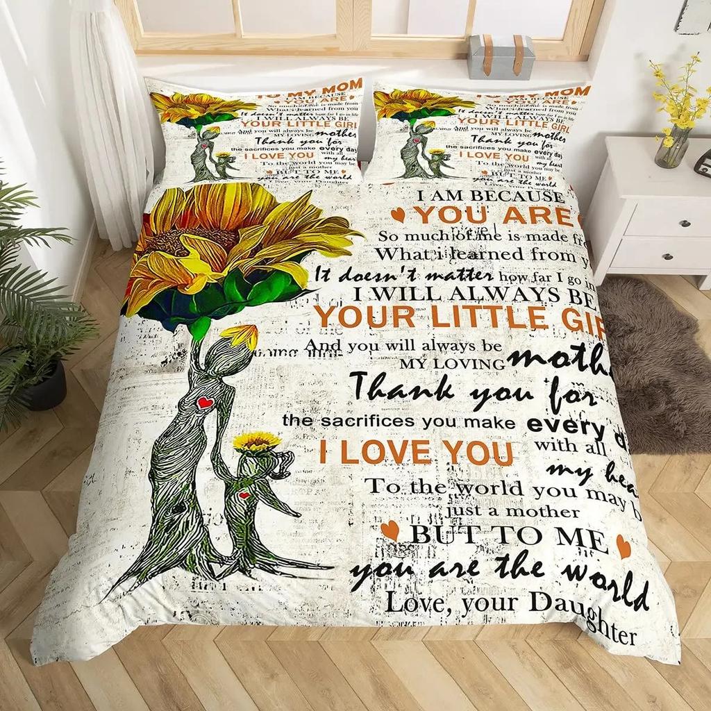 Mothers Day Duvet Cover Set Mom Gifts From Daughter Bedding Set Polyester Floral Print Comforter Cover Room Decor Twin King Size