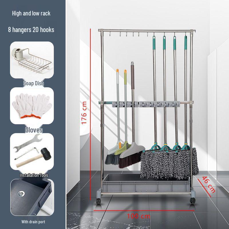 Movable Stainless Steel Mop Storage Rack with Hooks for Floor-Standing Draining in Schools and Factories