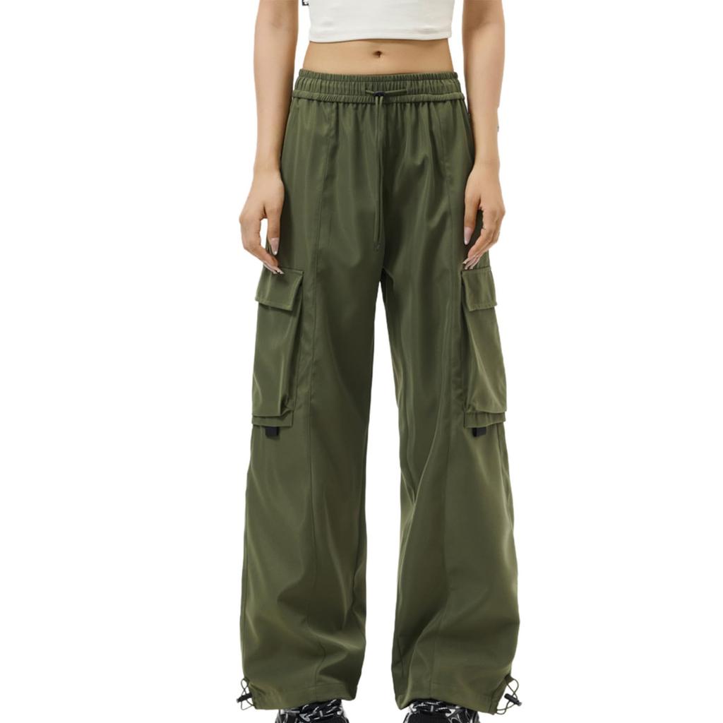 Damen Elastische Hose mit Hohem Bund Lässige Passform Weites Bein Lange Hose Hose mit Taschen