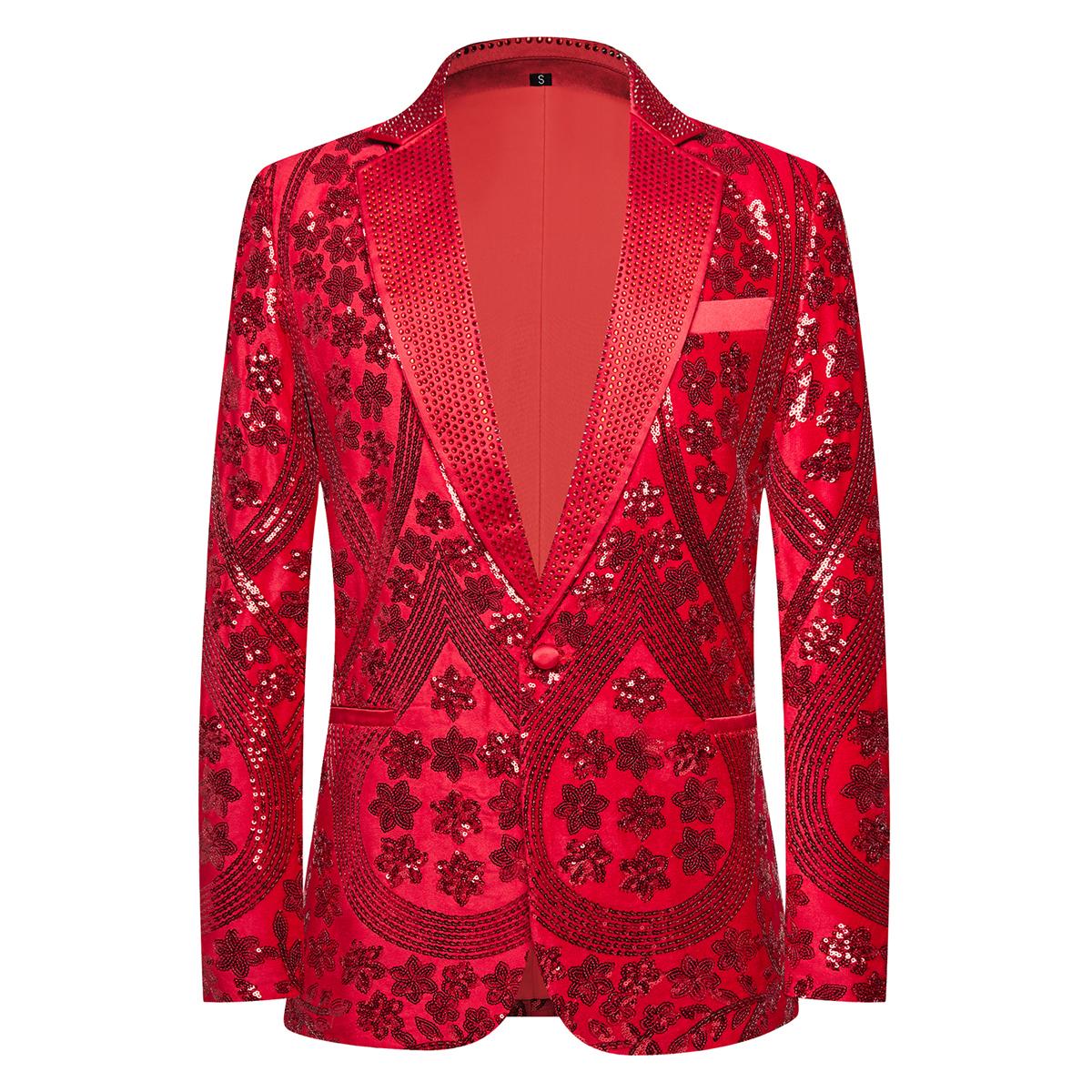 

Мужские блейзеры с воротником из страз, бархатные, с пайетками и вышивкой, блестящий пиджак - стильная формальная/праздничная верхняя одежда 3XL красный