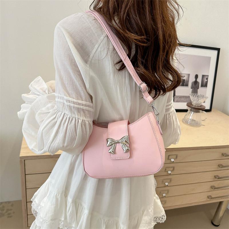 Chic French Bow Style Underarm Bag In Elegant Black Pink White And Blue Colors For Trendy Spring Fashion