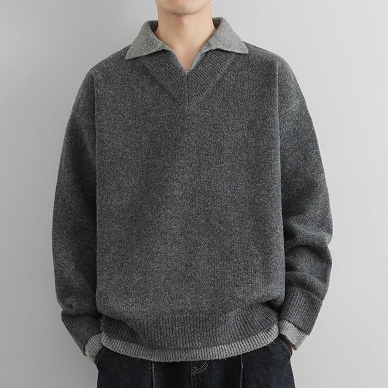 Men s Retro Japanese Color Block Polo Collar Knit Sweater for Autumn/Winter XL