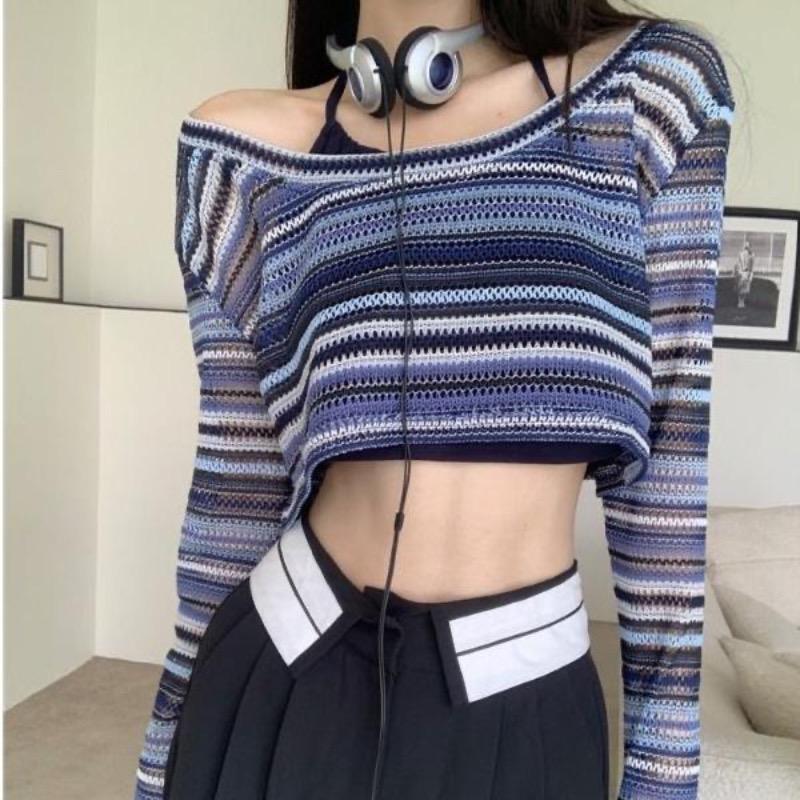 2KWEIRD Y2k Aesthetic Women Basic T Shirts Female Hin Knitted Long Sleeve Striped Shirt See Hrough -shirt Lady Streetwear Top
