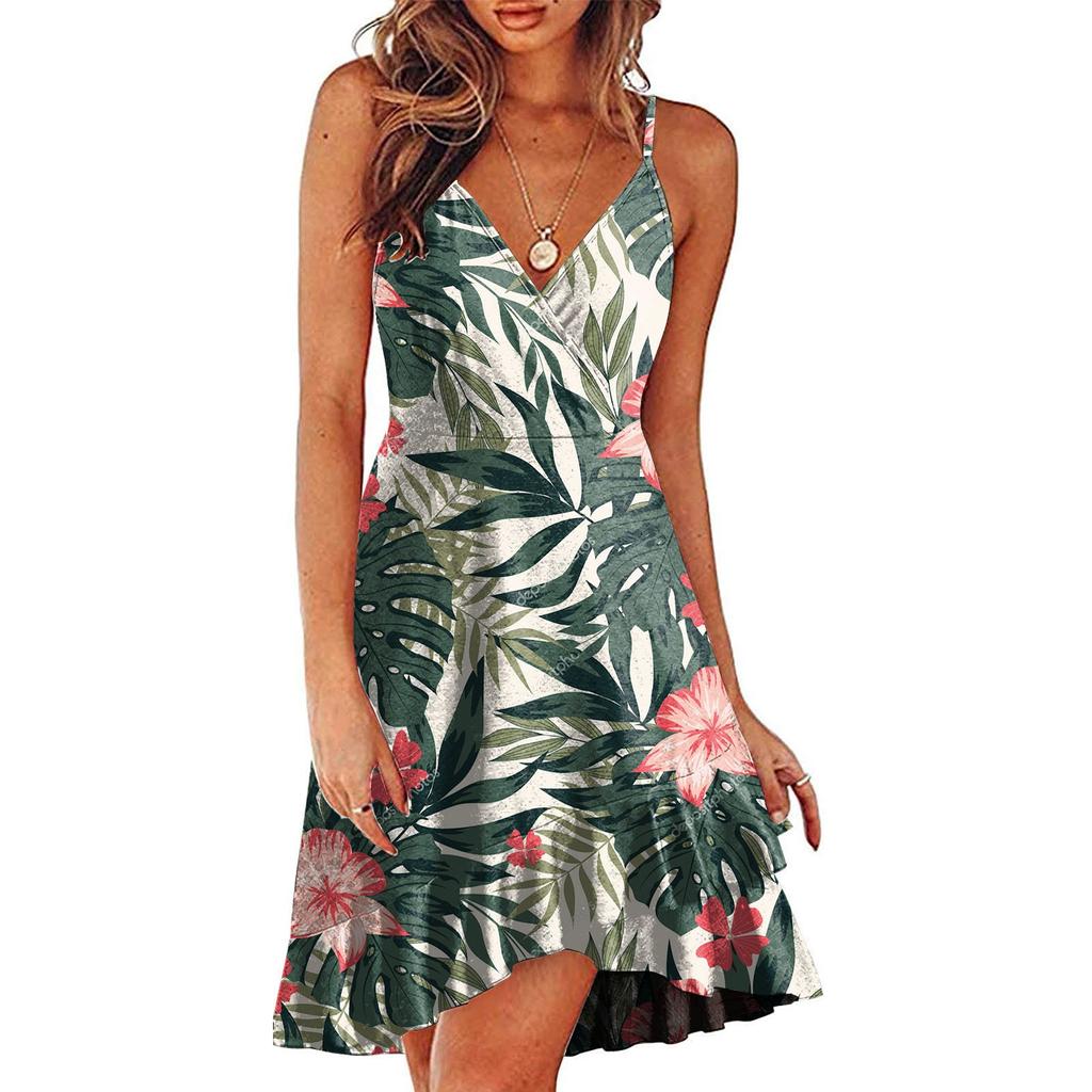 Ladies Slim Printed  Buckle Shoulder Strap Ruffled Sling Dress
