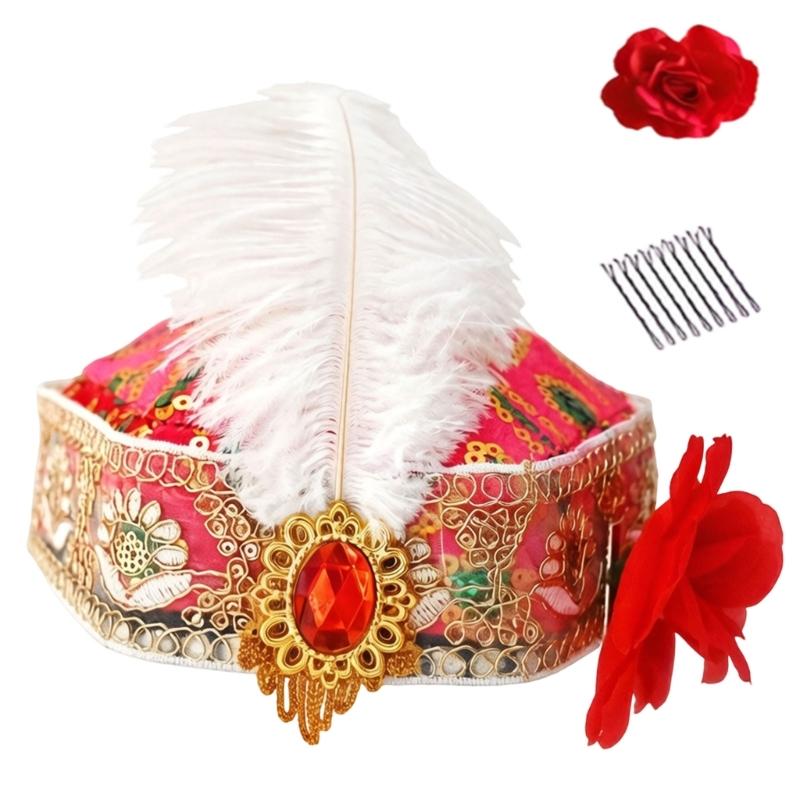 Elegant Ethnic Dance Event Hat With Feathered And Sequins For Women Stage Performances Folk Dance Costume Accessories