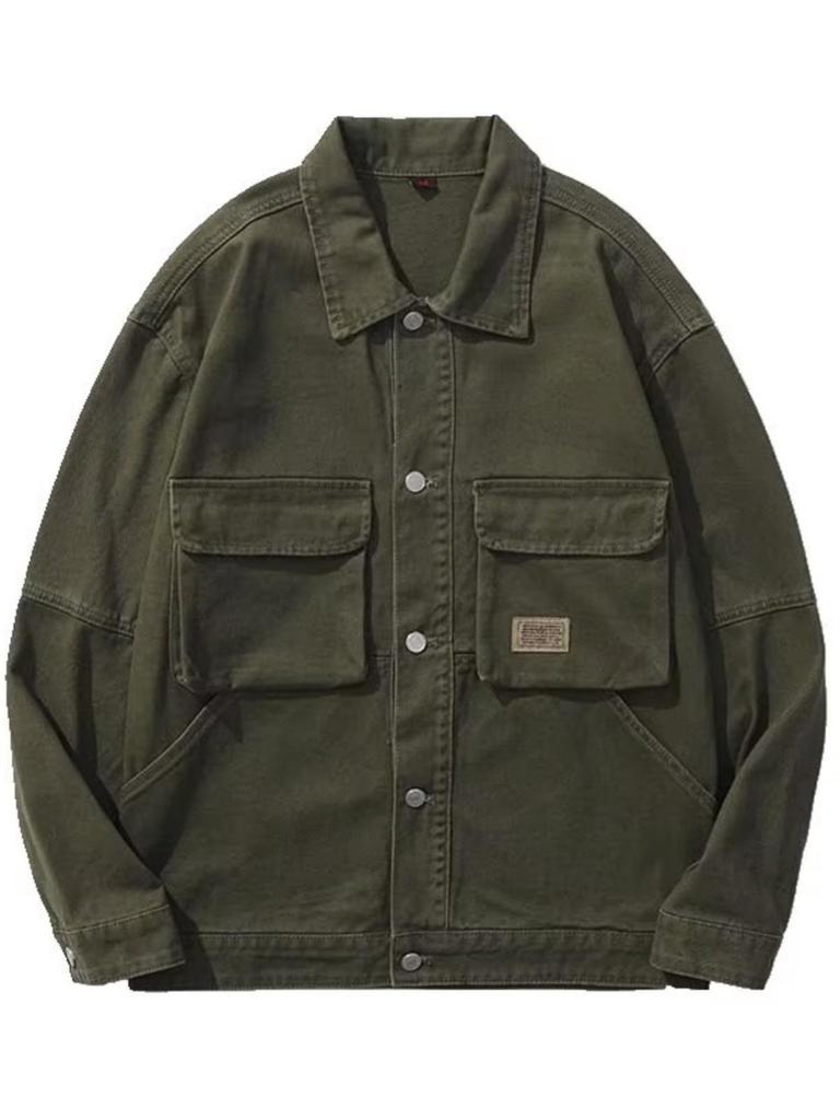 Męska kurtka dżinsowa w stylu retro z wieloma kieszeniami, odpinanym kołnierzykiem, odzież robocza, nowy trend na wczesną jesień 2025.