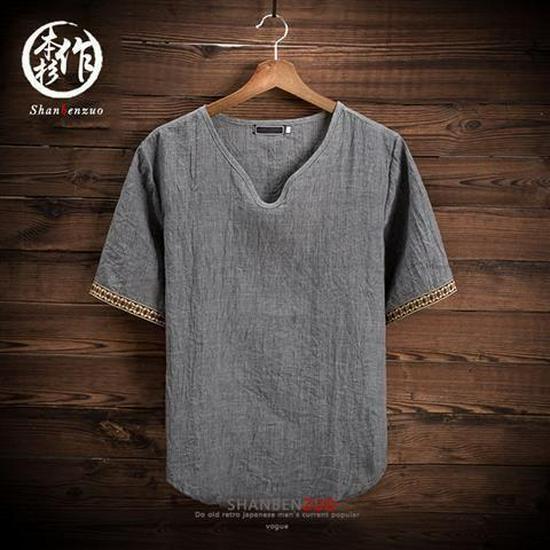 

Мужская летняя корейская футболка из хлопка и льна с V-образным вырезом и коротким рукавом — дышащая, универсальная, модная, с коротким рукавом для больших размеров 3XL 165-175 jin