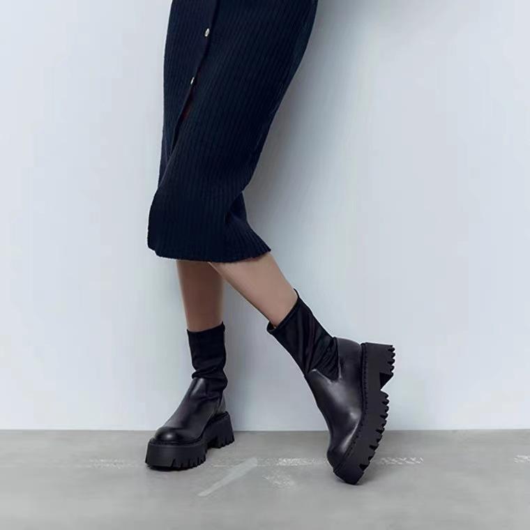 Woman Chelsea Boots Fashion Platform Black Shoes  Autumn Winter Punk Gothic Luxury Designer Chunky Footwear