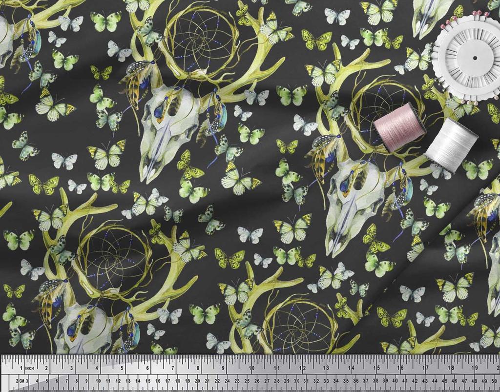 Soimoi Green Japan Crepe Satin Fabric Insect|Dream Catcher & Reindeer Face Animal Fabric Prints by Yard 42 Inch