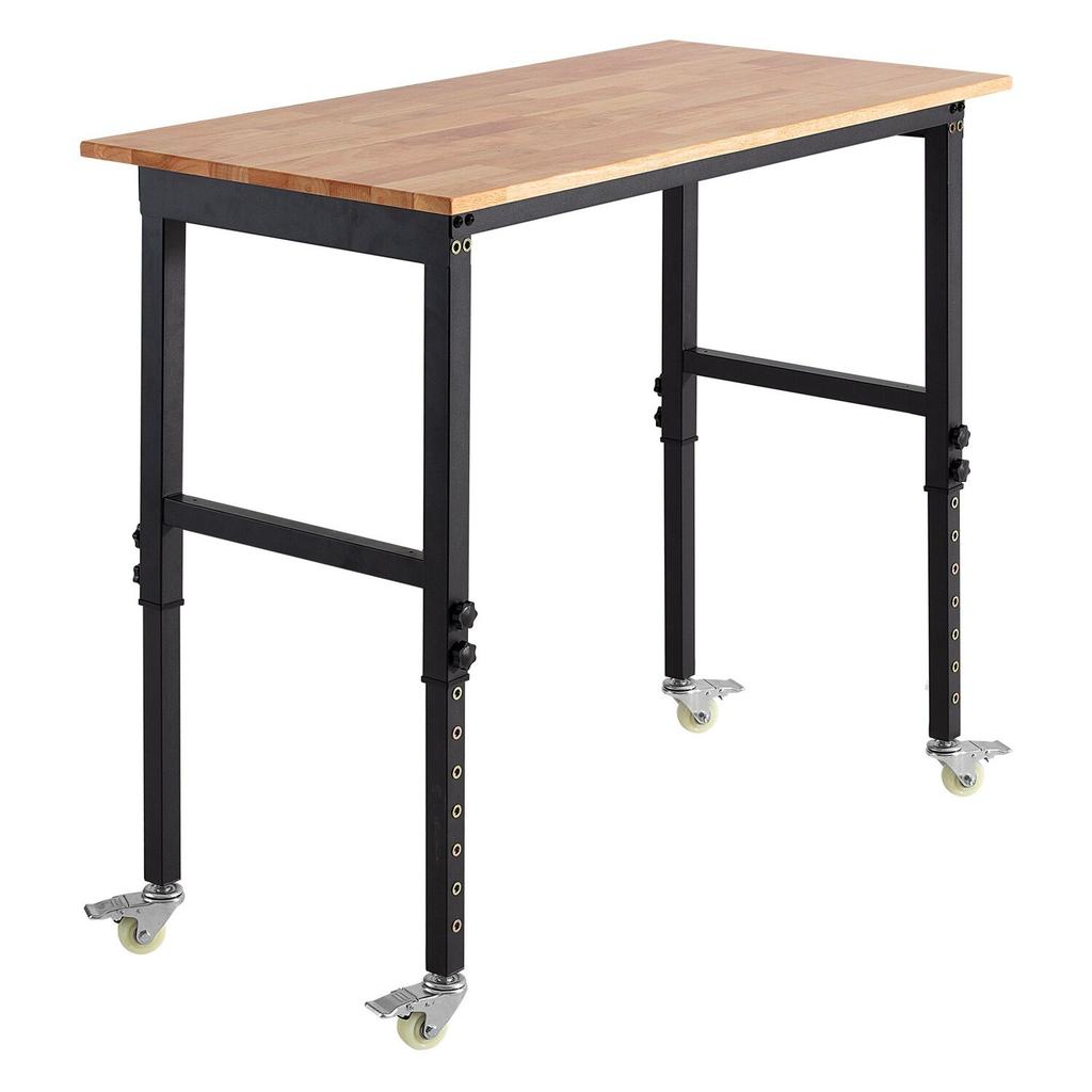Adjustable Workbench on Wheels, 680 kg Capacity, 122 x 60 cm Oak Wood Top Workbench with 72.5-107.5 Height Adjustment, Heavy-Duty Hardwood Worktable