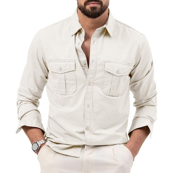 

Осень-Весна Мужская рубашка в стиле ретро, однобортная, с лацканами, длинными рукавами, кардиган, нагрудные карманы, пуговицы, стираный однотонный цвет XL белый