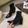 Pointed suede autumn and winter new fashion high-heeled short boots women's rhinestone square buckle low tube fashion boots solid color thin boots