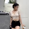Design Sense Cross V-Neck Small Floral Short Sleeve T-Shirt Women's Summer New Slim Sexy Spice Girl Button Top