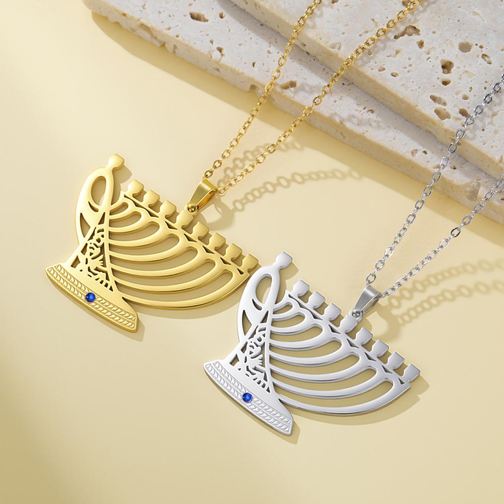 Chanukah Menorah Necklace Religious Jerusalem Temple Hanukkah Shammash Pendant Stainless Steel Judaica Jewelry