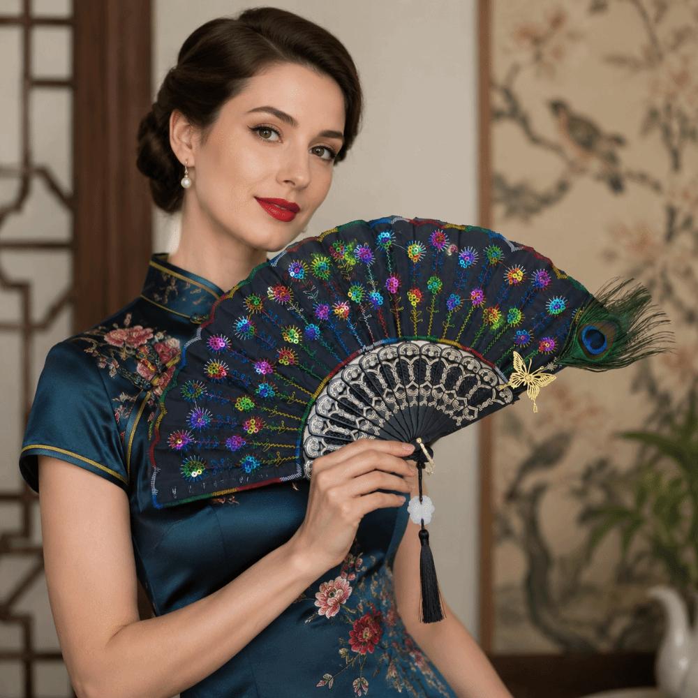 Portable Peacock Feather Folding Fan Exquisite Dance Hand Fans  Wedding Party Decor