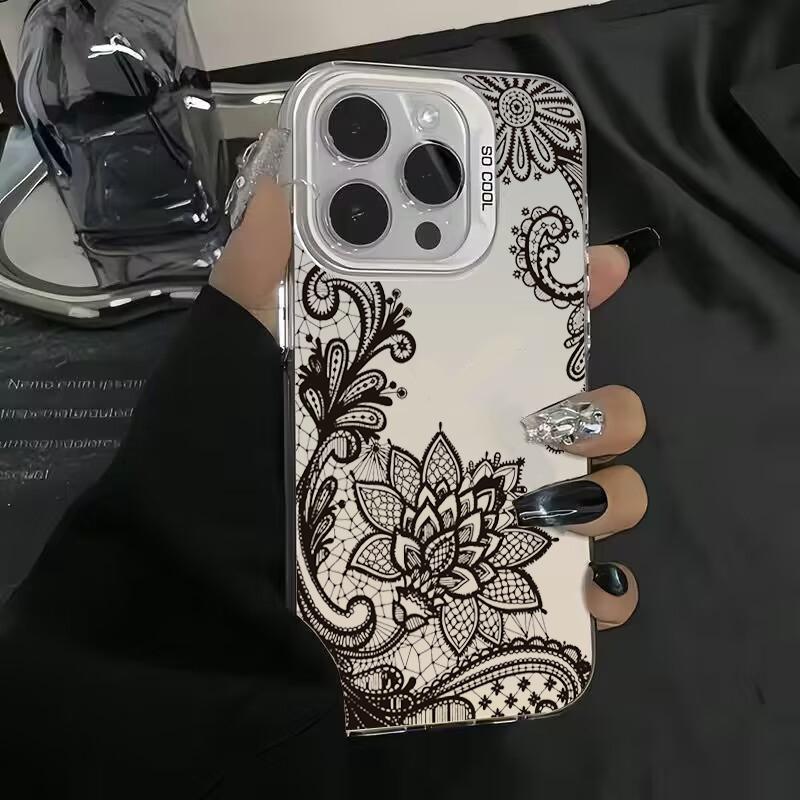 Luxury Lace Florals Pattern Phone Case For iPhone 15 14 13 12 11 16 Pro Max 7 Plus X Shockproof Electroplated Lens Bumper Cover