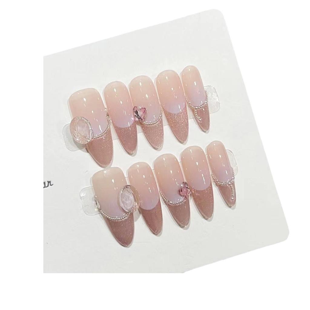 Wearing Armor Handmade High-end Atmosphere Cat Eye French Gradient Sunset Steel Beads Broken Diamond Nail Art Finished Product