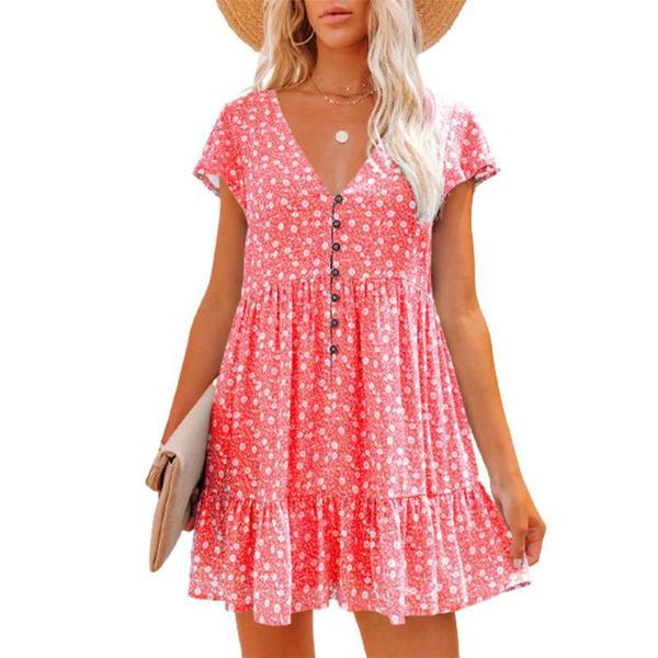 Spring Dress Ladies V-Neck Button Small Floral Short Sleeve Loose Casual Dress Sexy White Dress Women
