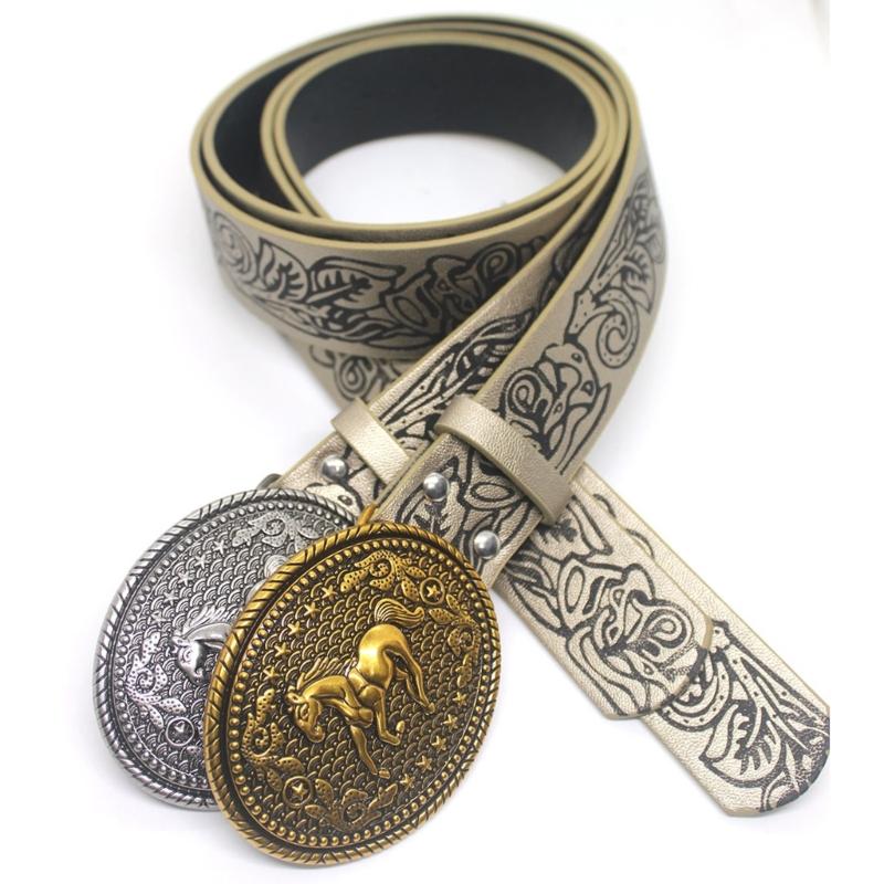 Floral Engraved PU Belt for Jeans Women Vintage Horse Pattern Buckle Waist Belt