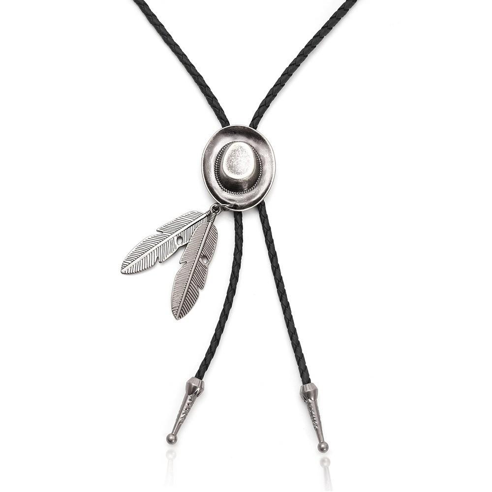 Vintage Western Cowboy Hat Necklace Unisex Metal Feather Necktie Long Pendant Chain Western Style