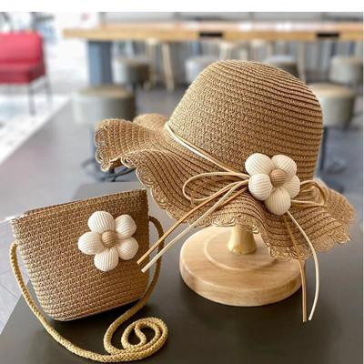 Zomer Baby Bloemen Strooien Hoed Met Handtas Tassen 2 Delig Set Voor Kinderen Kleine Meisjes Zonneklep Vizier UV Bescherming Panama Hoed gorras