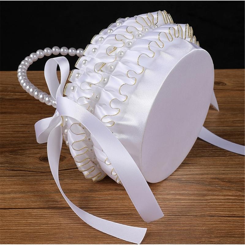 Decorative Pearls Embellished Storage Basket With Golden Edges for Wedding Reception Party Decorations
