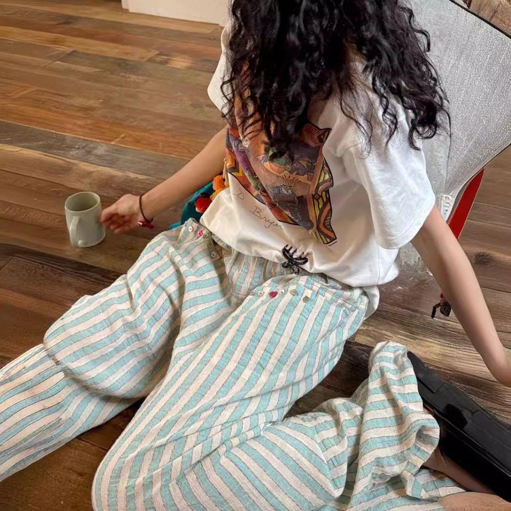 Loose Wide Leg Pants Chic Straight Leg Pants Sweet Casual Stripe Long Pants  Women