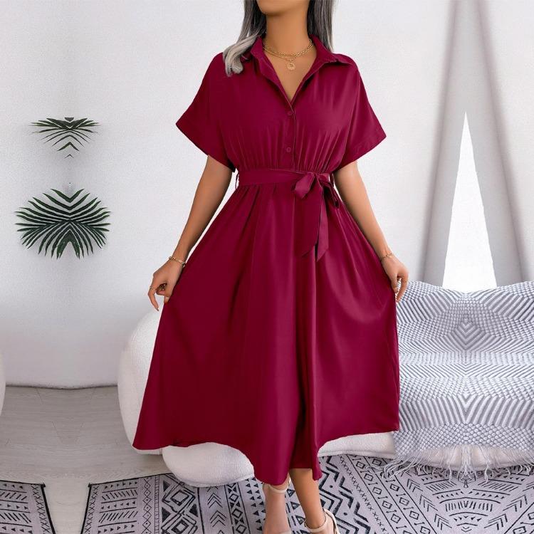 Women Casual Loose Button Dress Spring Summer Solid Color Lace Up Shirt Skirt Lapel Neck