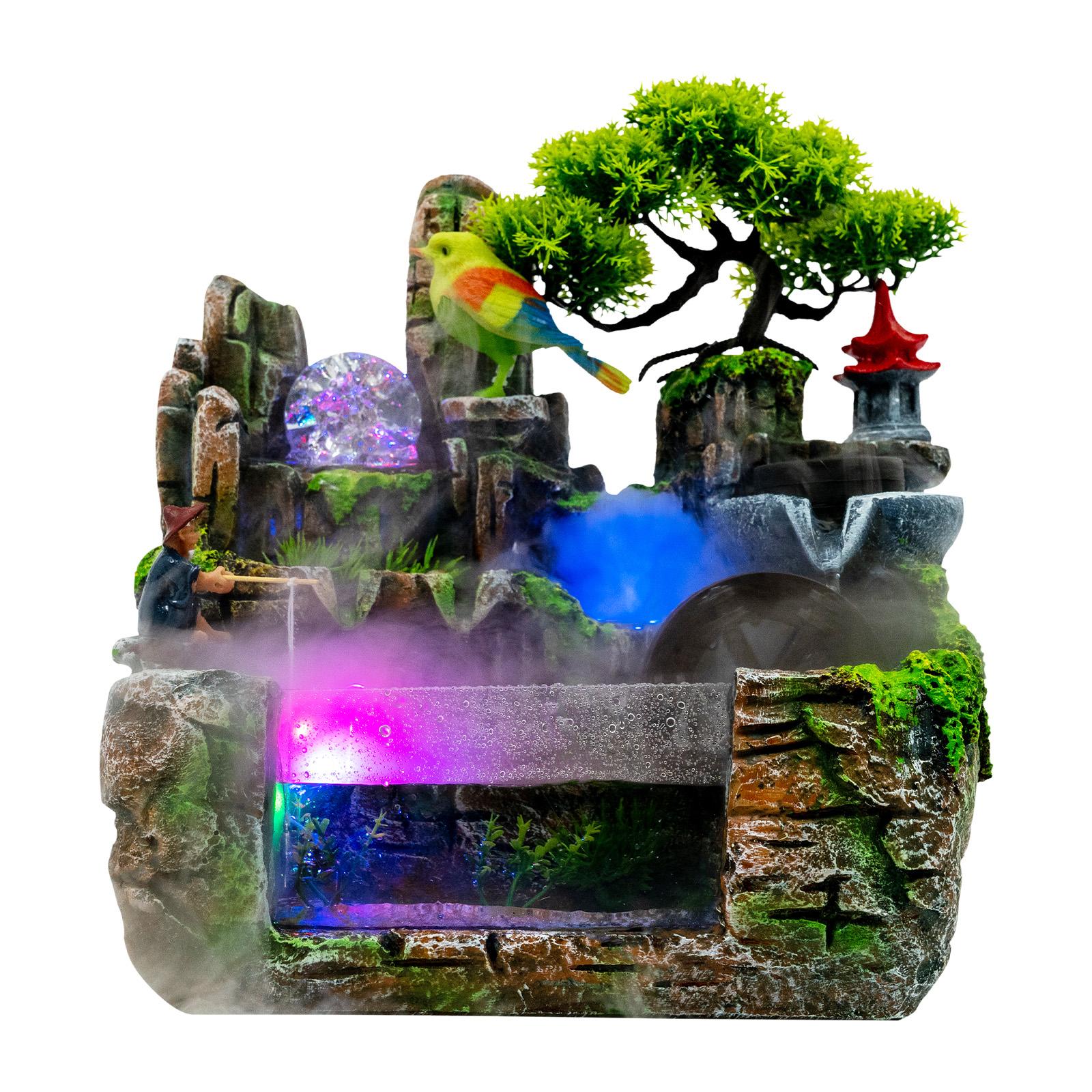 

Настольный фонтан, украшения для сада со светодиодами, птица и рыбак с распылителем, водяной насос, успокаивающий ваш разум United States