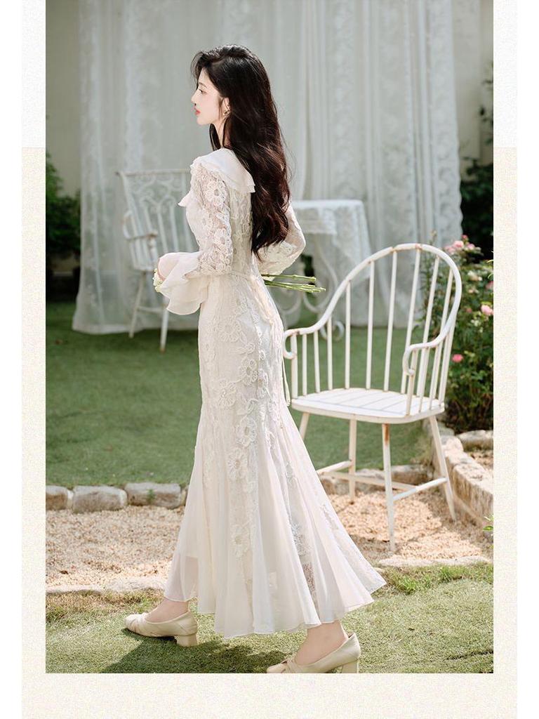 Women's V-Neck Lace Embroidered Mermaid Dress with Long Sleeves - French Gentle Style for Autumn