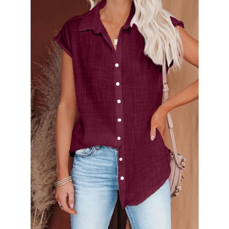 

Женские хлопковые рубашки, винтажные, однотонные, с коротким рукавом, на пуговицах, свободные блузки и топы в стиле Харадзюку, повседневная женская туника, футболка большого размера XXL кларет