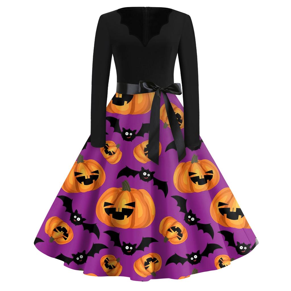 Damenmode V-Ausschnitt Lässig Schlank Halloween Bedruckte Langarmkleider