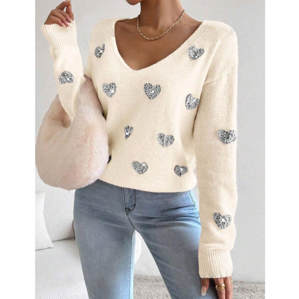 Women s Off‑The‑Shoulder V‑Neck Long Sleeve Leopard‑Heart Sequin Embellished Loose Fit Knit Sweater S абрикосовый